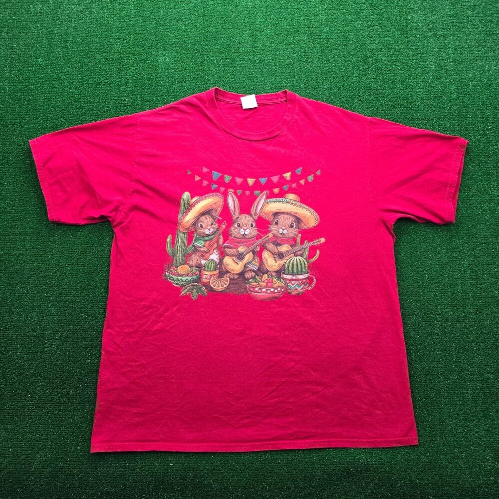 Fiesta Bunny‎ Tshirt Mens XL Red Short Sleeve Rabbits Guitar Cactus Casual